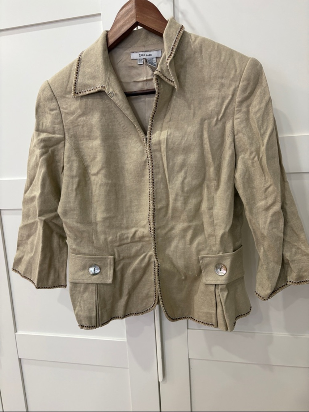 Zara Beige Cropped Linen Blazer with Decorative Trim